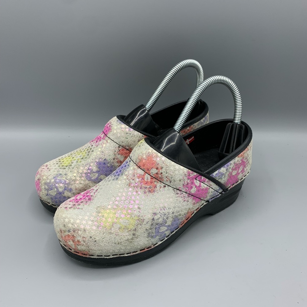 Sanita Clogs 35  Colorful Slip On Comfort Shoe Suede Multicolor Abstract Floral